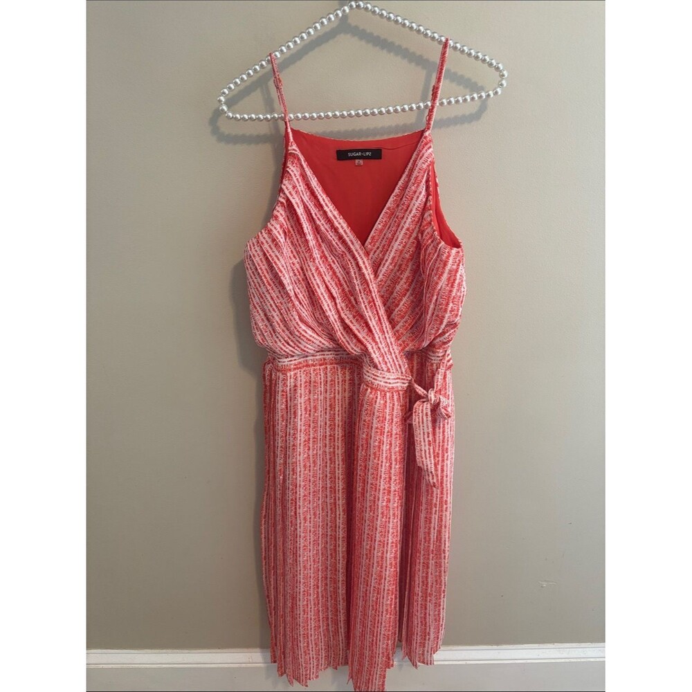 Sugarlips Orange White Abstract Pleated Wrap Midi Dress Size M Belted Spaghetti